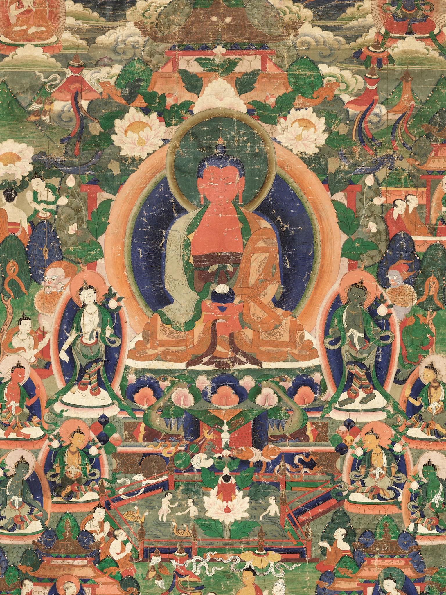 A THANGKA OF BUDDHA AMITABHA IN SUKHAVATI, TIBET, 18TH CENTURY - Image 6 of 12