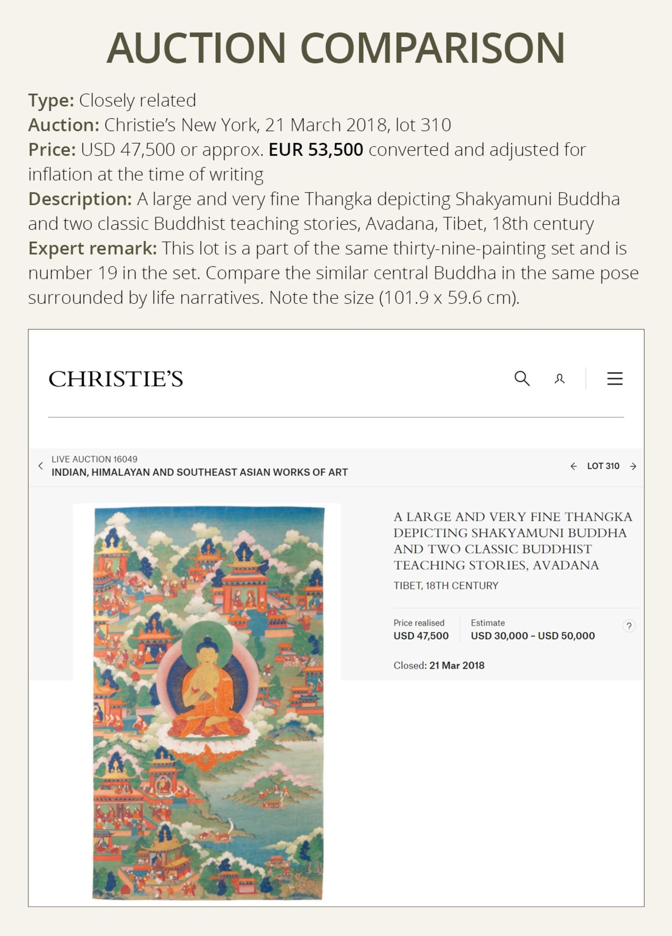 A THANGKA OF BUDDHA SHAKYAMUNI AND CLASSIC BUDDHIST TEACHING STORIES, NEW MENRI STYLE, TIBET,18TH C. - Image 8 of 15