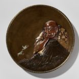 A LARGE AND IMPRESSIVE MIXED METAL DISH DEPICTING WASOBEI AND MOUNT FUJI