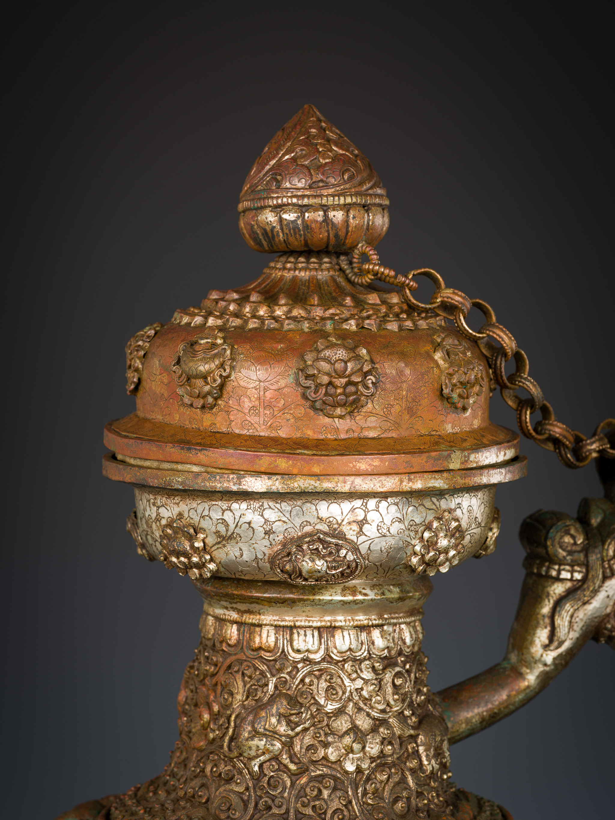 A MASSIVE SILVERED-COPPER RITUAL TEAPOT AND COVER, TIBET, 19TH CENTURY - Image 8 of 15