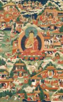 A THANGKA OF BUDDHA SHAKYAMUNI AND CLASSIC BUDDHIST TEACHING STORIES, NEW MENRI STYLE, TIBET,18TH C.