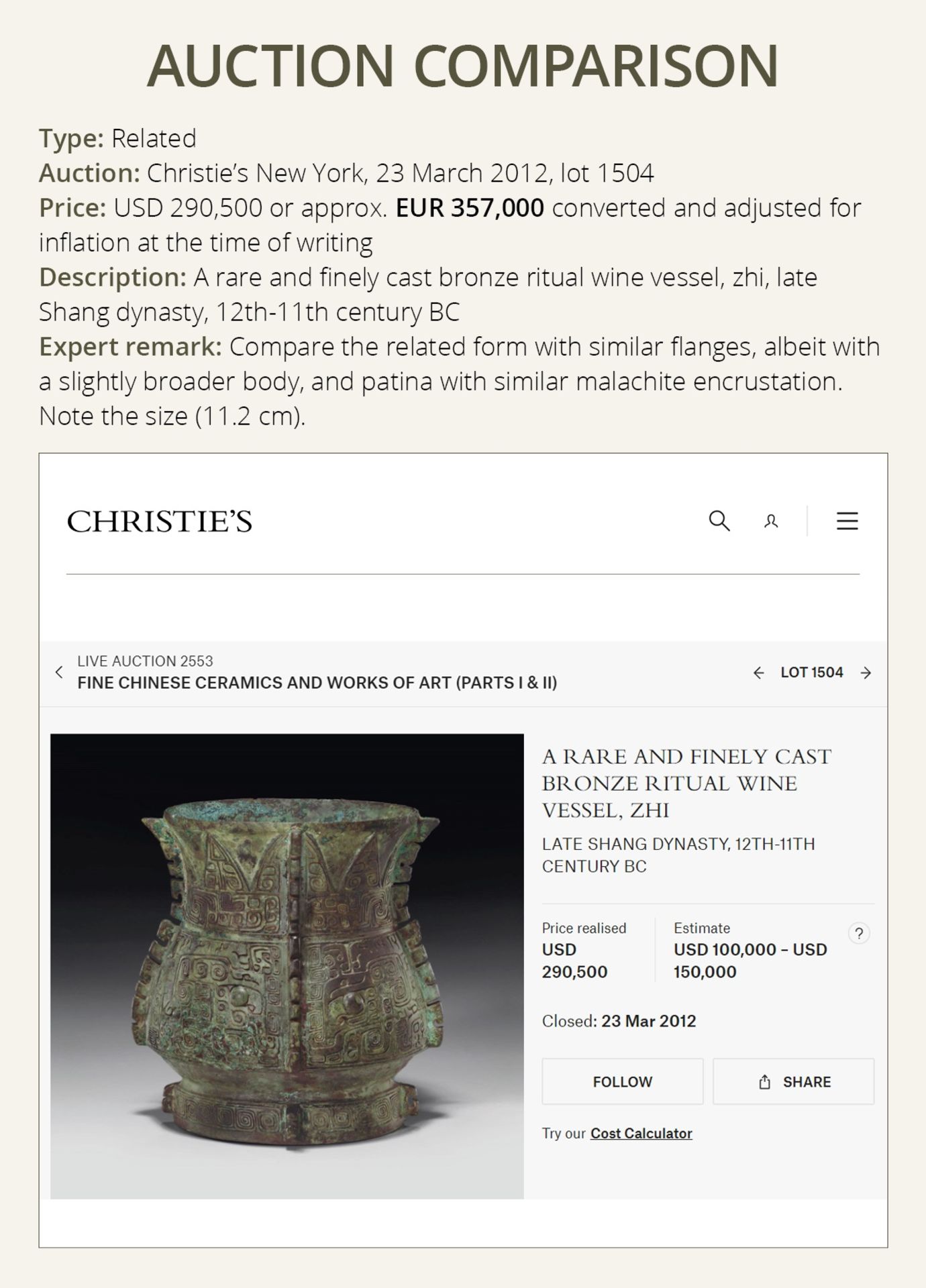 A RARE BRONZE RITUAL WINE VESSEL, ZHI, SHANG DYNASTY, CHINA, 13TH-12TH CENTURY BC - Image 14 of 25