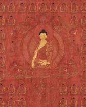 A RED-GROUND THANGKA OF BHAISAJYAGURU, THE MEDICINE BUDDHA, TIBET, 17TH - 18TH CENTURY