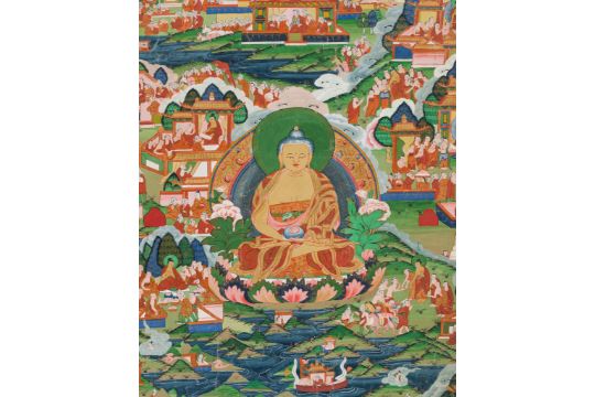 A THANGKA OF BUDDHA AND JATAKA TALES - Image 1 of 9