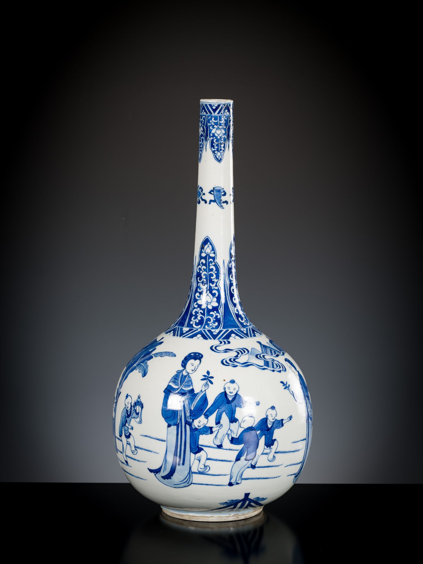 A LARGE BLUE AND WHITE 'PLAYING DISCIPLES' BOTTLE VASE, CHINA, 18th - 19th CENTURY - Image 3 of 9
