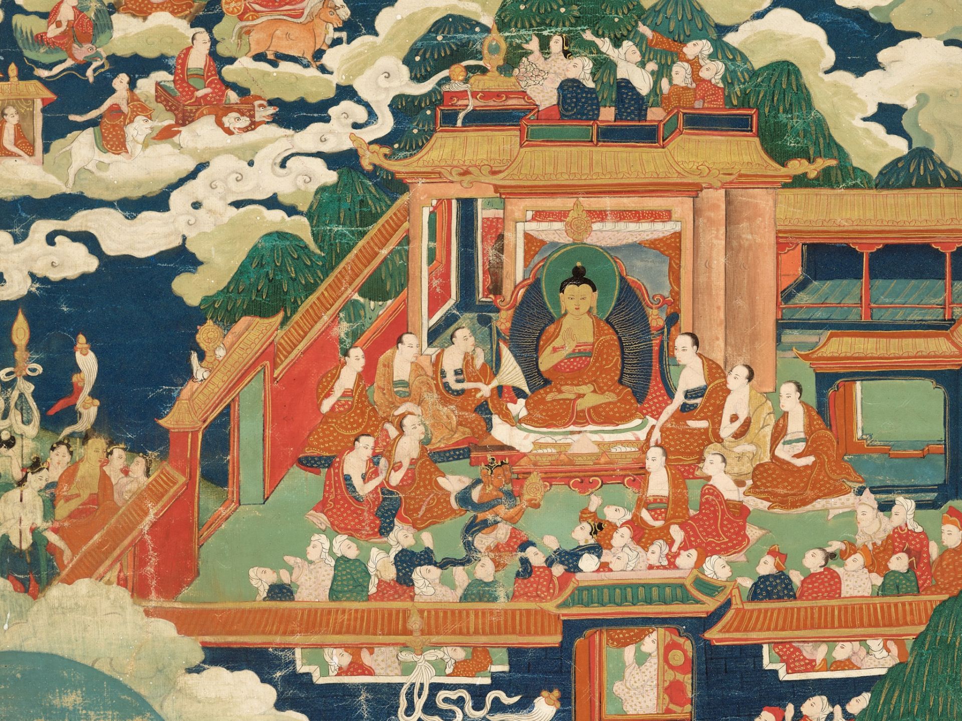 A THANGKA OF BUDDHA SHAKYAMUNI AND CLASSIC BUDDHIST TEACHING STORIES, NEW MENRI STYLE, TIBET,18TH C. - Image 6 of 15