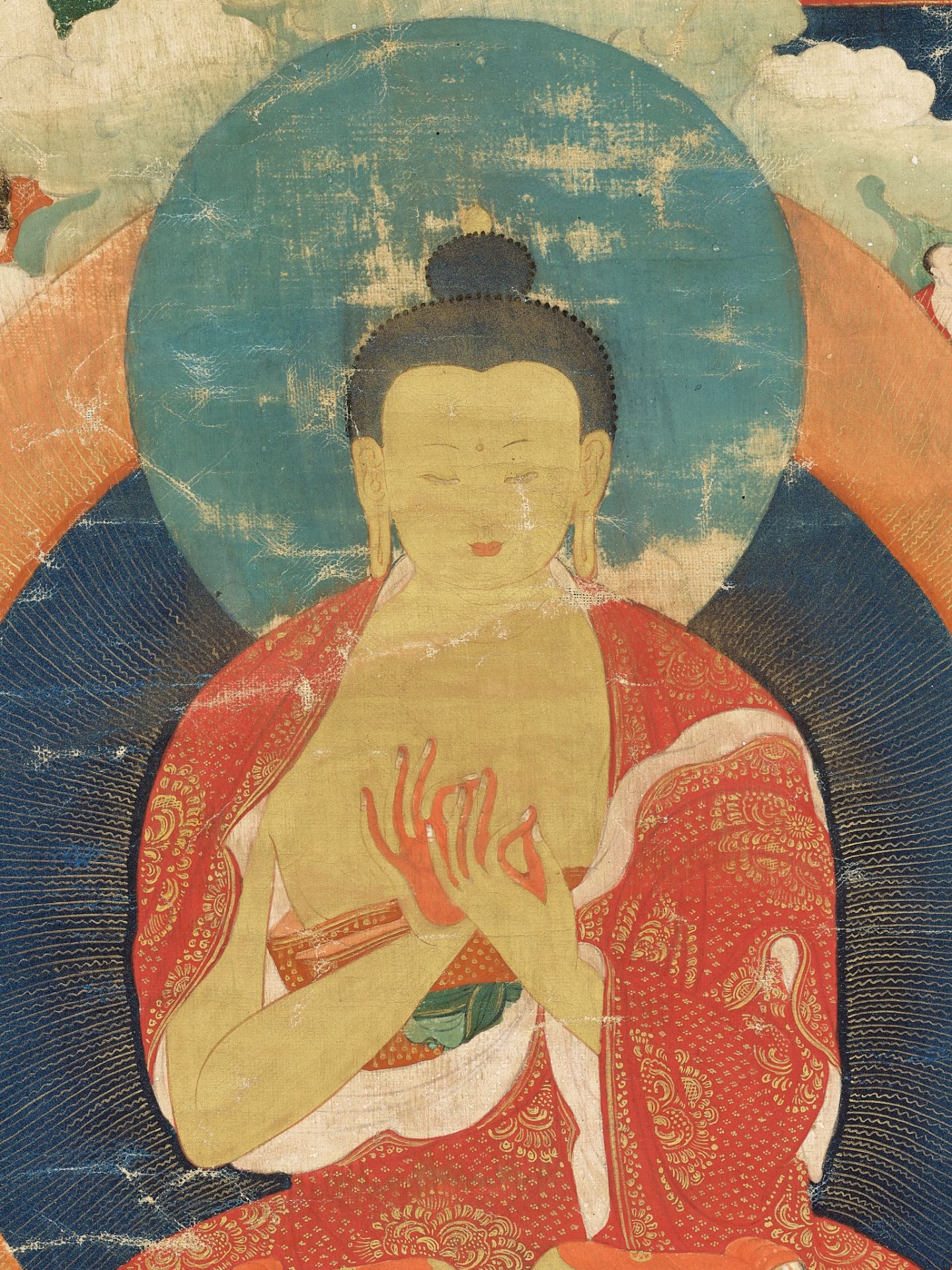 A THANGKA OF BUDDHA SHAKYAMUNI AND CLASSIC BUDDHIST TEACHING STORIES, NEW MENRI STYLE, TIBET,18TH C. - Image 3 of 15