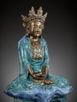 A VERY LARGE ‘ROBIN’S EGG’ ENAMELED AND GILT PORCELAIN FIGURE OF AMITAYUS,QIANLONG TO JIAQING PERIOD