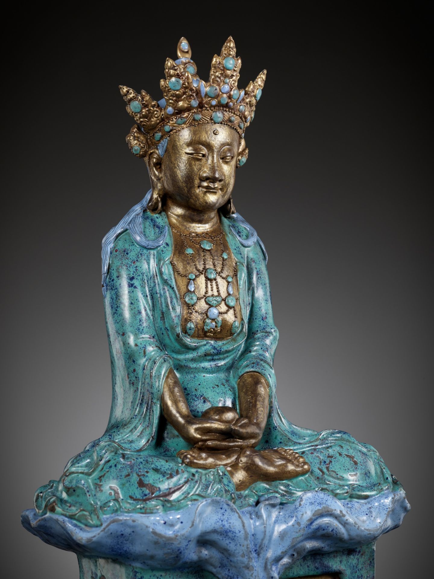A VERY LARGE ‘ROBIN’S EGG’ ENAMELED AND GILT PORCELAIN FIGURE OF AMITAYUS,QIANLONG TO JIAQING PERIOD