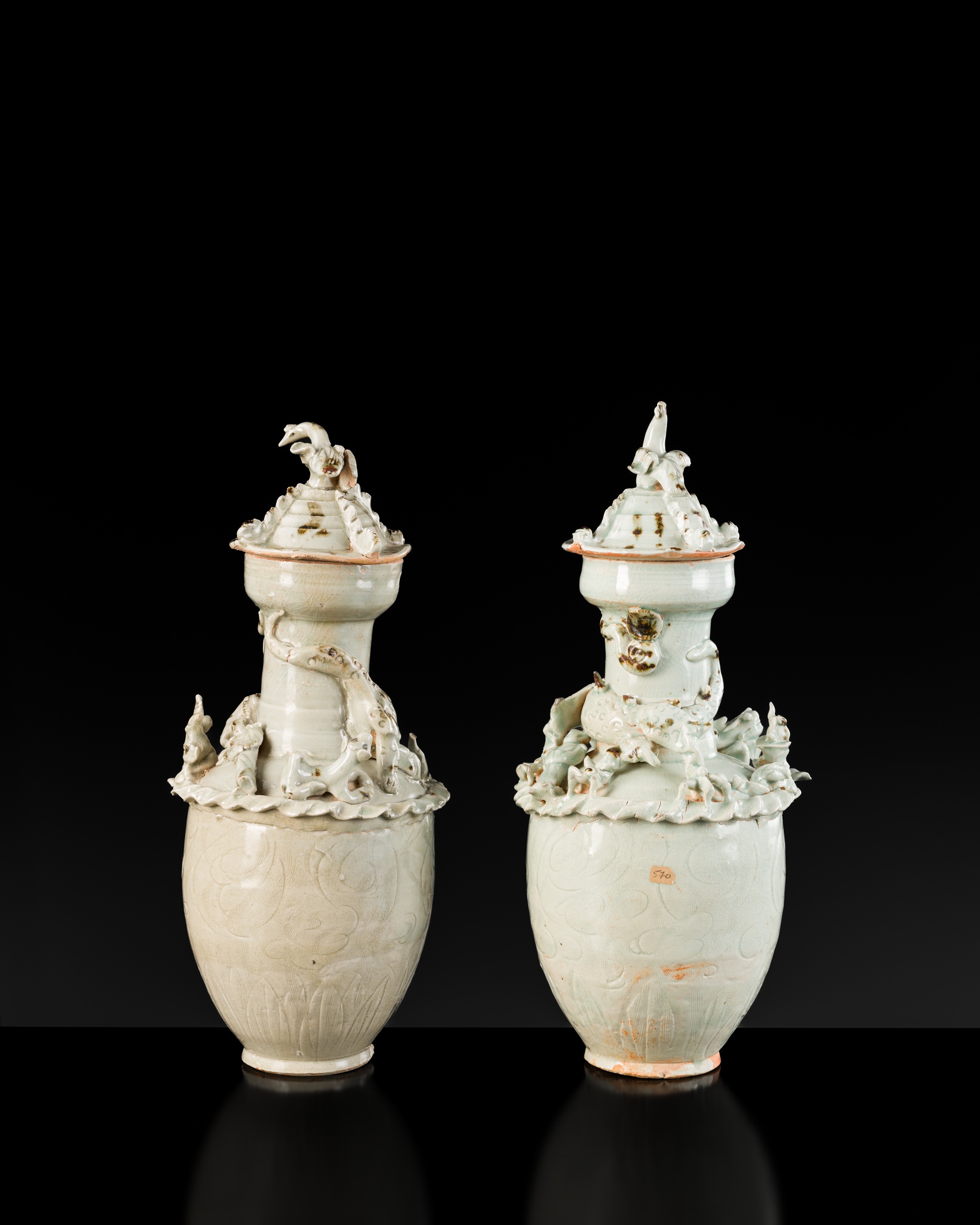 A PAIR OF QINGBAI FUNERARY JARS AND COVERS, SONG DYNASTY - Image 8 of 12