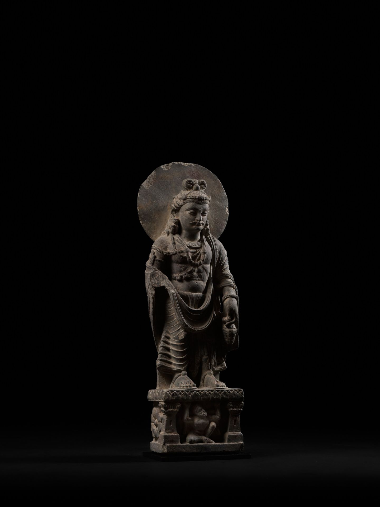 A LARGE SCHIST FIGURE OF MAITREYA WITH ATLAS, ANCIENT REGION OF GANDHARA - Image 8 of 12
