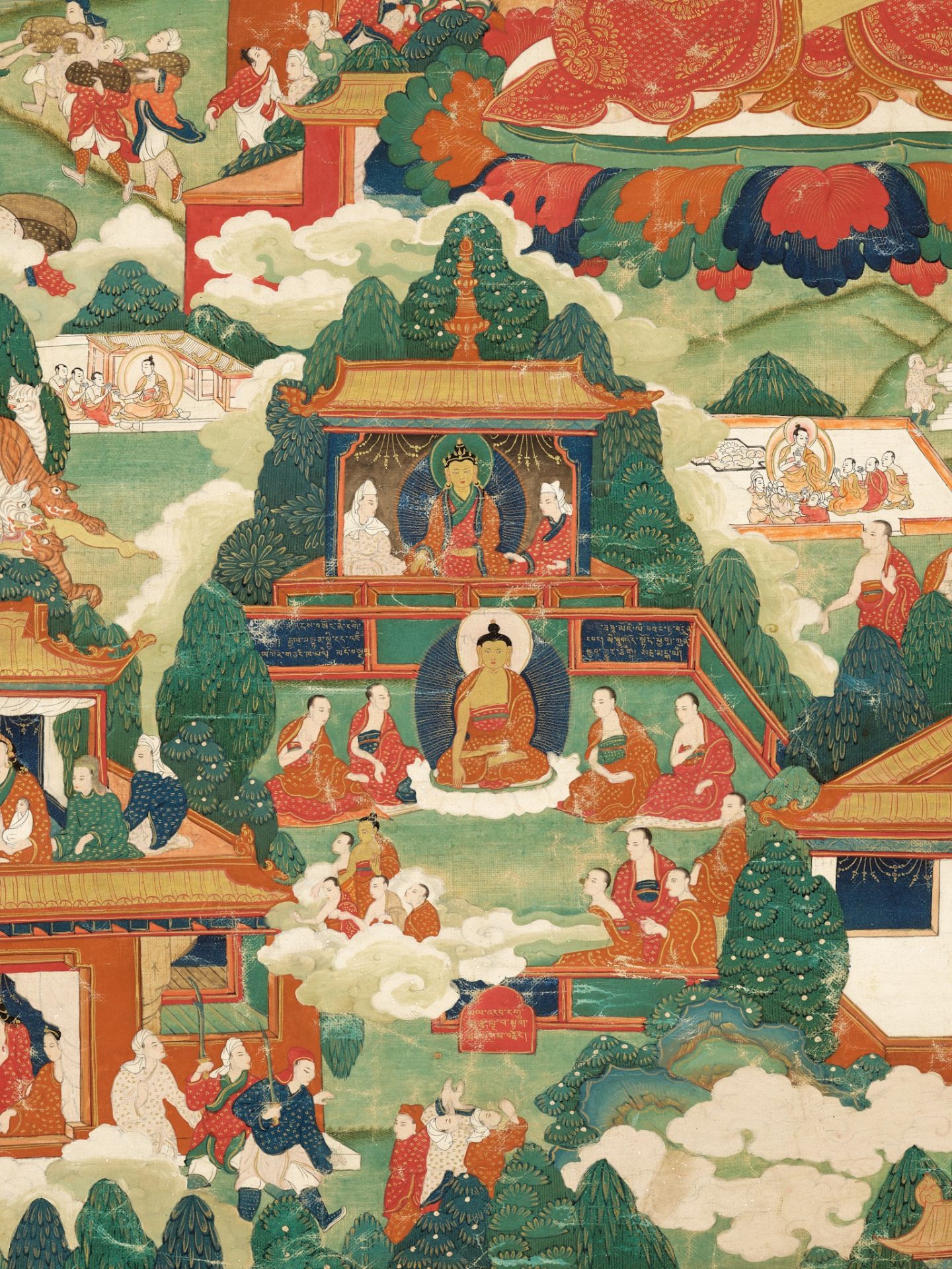 A THANGKA OF BUDDHA SHAKYAMUNI AND CLASSIC BUDDHIST TEACHING STORIES, NEW MENRI STYLE, TIBET,18TH C. - Image 10 of 15