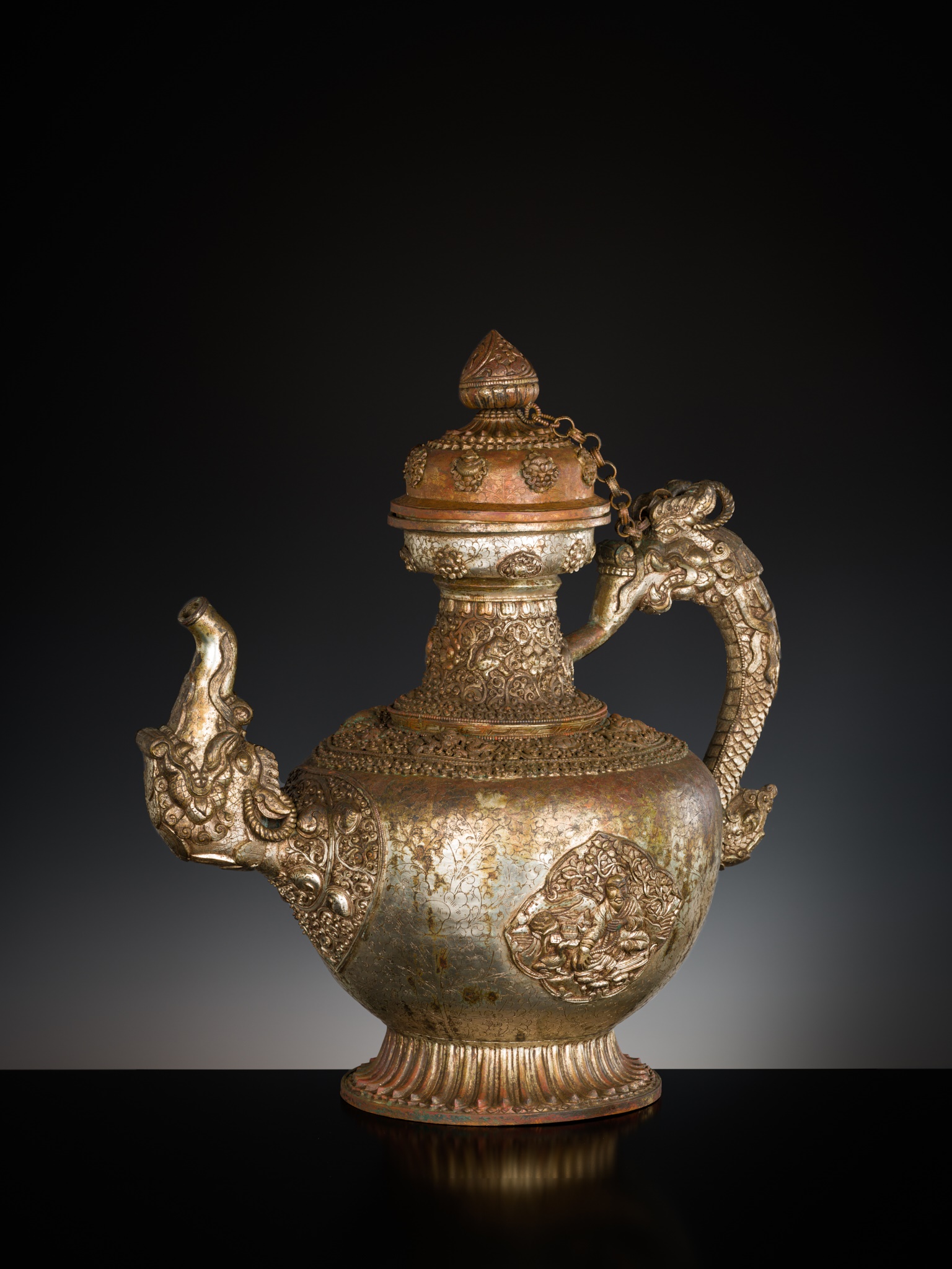 A MASSIVE SILVERED-COPPER RITUAL TEAPOT AND COVER, TIBET, 19TH CENTURY - Image 14 of 15