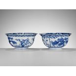 AN ABSOLUTELY PERFECT PAIR OF BLUE AND WHITE 'THREE FRIENDS OF WINTER' KLAPMUTS BOWLS, KANGXI PERIOD