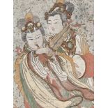 A POLYCHROME STUCCO FRESCO FRAGMENT DEPICTING TWO CELESTIAL MUSICIANS, YUAN TO MING DYNASTY