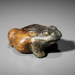 A LARGE GREEN AND RUSSET JADE FIGURE OF A THREE-LEGGED TOAD, MING DYNASTY