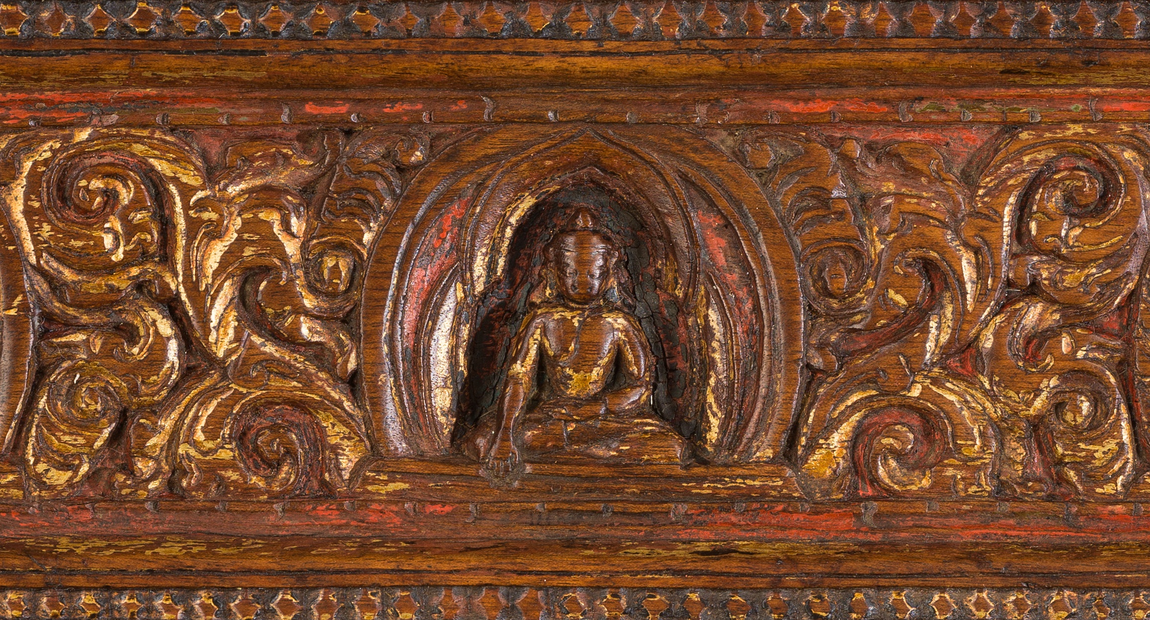 A GILT AND PAINTED WOOD MANUSCRIPT COVER DEPICTING A BUDDHIST TRIAD, TIBET, 12TH-13TH CENTURY - Image 2 of 7