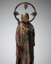 A RARE GILT AND POLYCHROME WOOD FIGURE OF JIZO BOSATSU