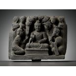 A RARE SCHIST FRIEZE WITH THE SCENE OF THE ENTREATY TO PREACH, ANCIENT REGION OF GANDHARA