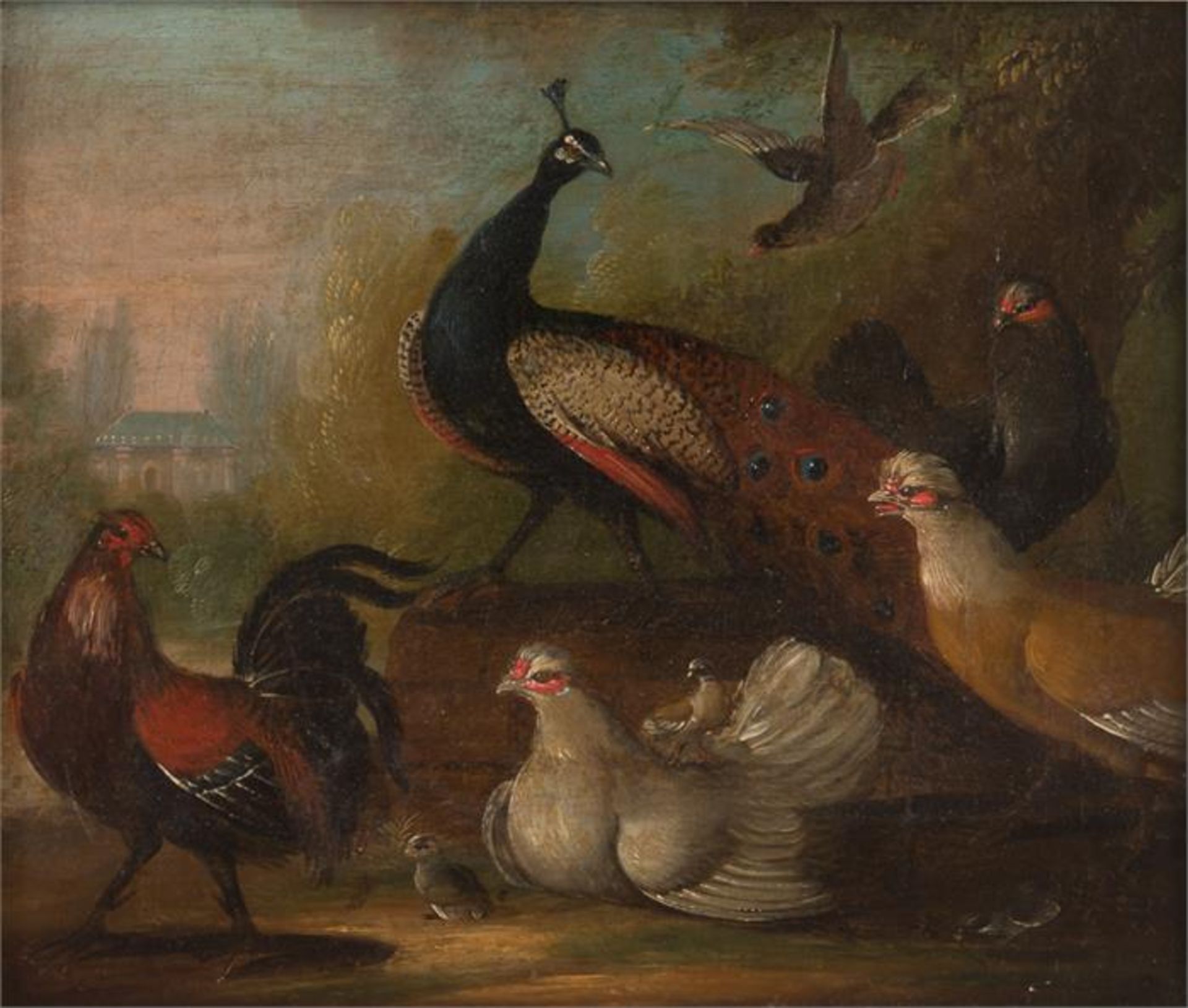 UNBEKANNTER MALER, Stillleben mit Pfau und Hühnern, Öl auf Leinwand, 19. Jh.