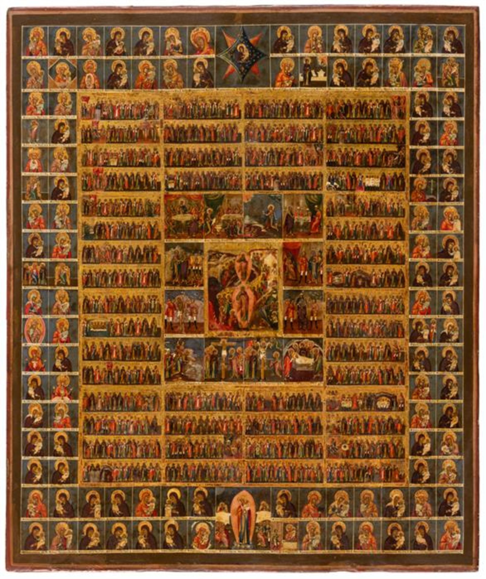 LARGE RUSSIAN ICON SHOWING FEASTS AND SAINTS OF THE CHURCH YEAR,