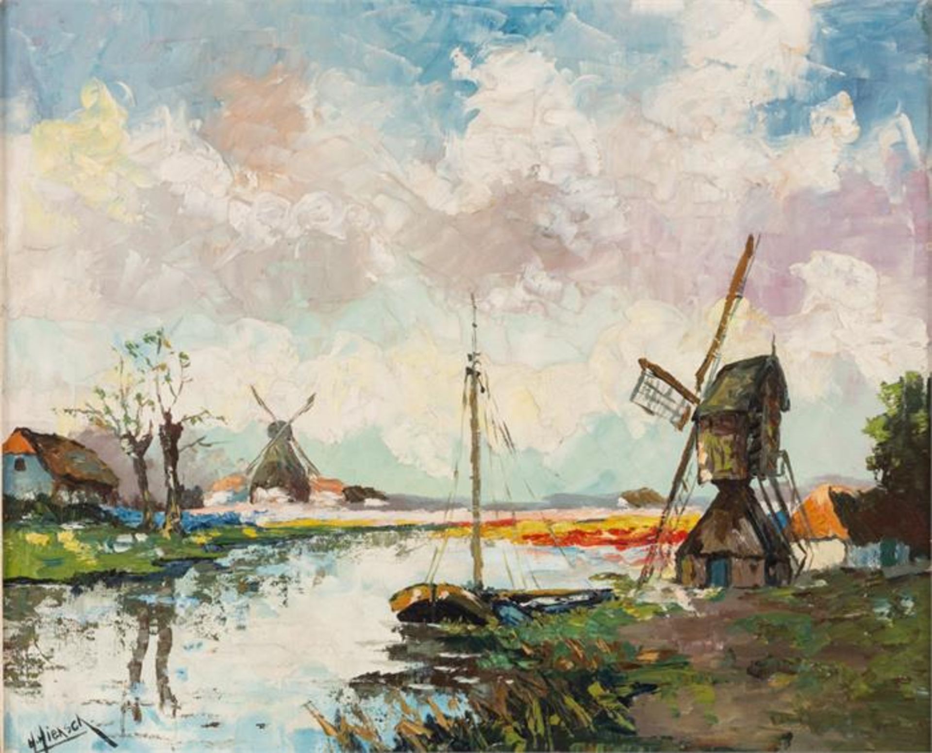 Herman HIENSCH (1912-1968), Landschaft mit Windmühlen, Öl auf Hartfaserplatte, signiert