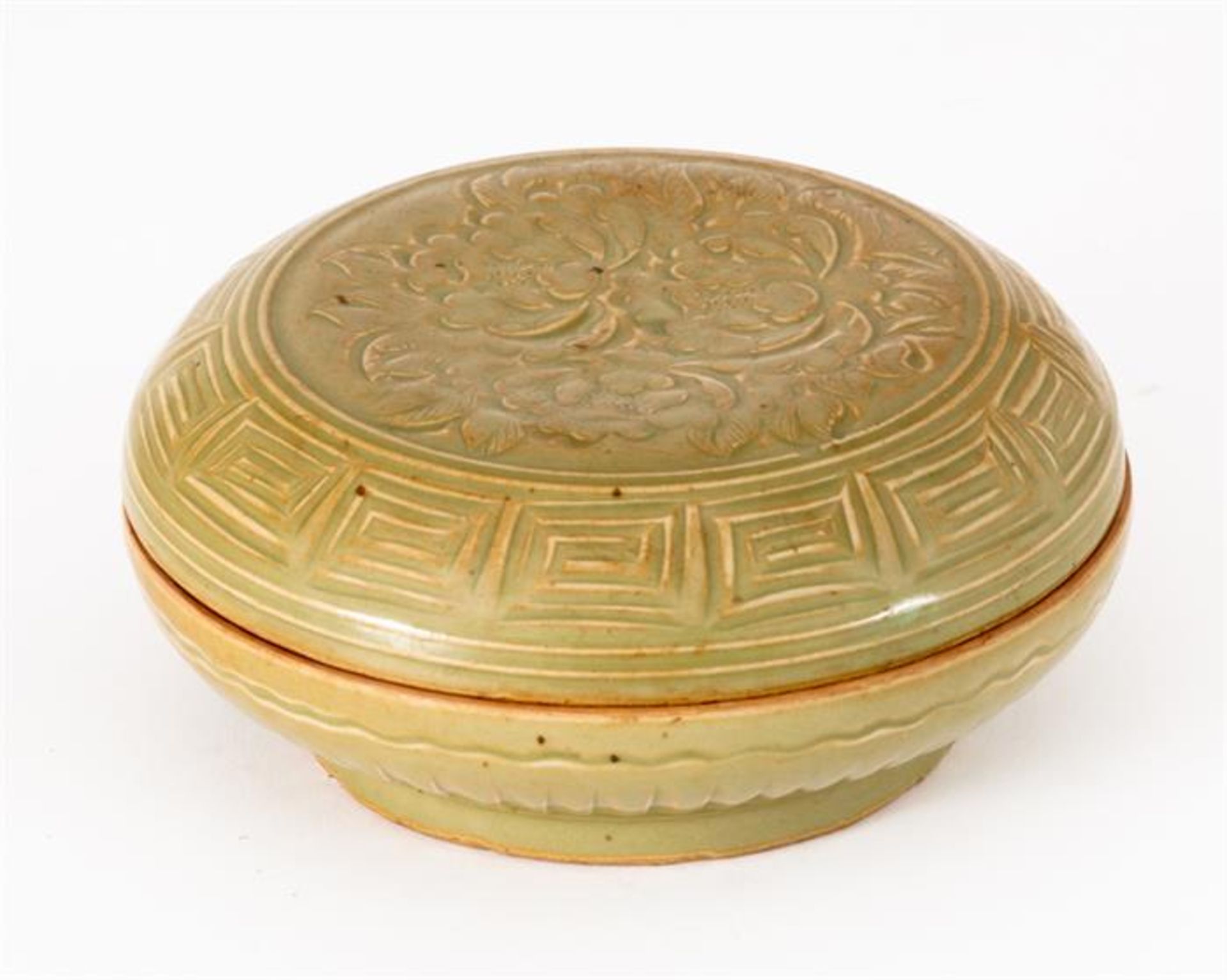 SELADON CERAMIC LIDDED BOX WITH FLOWERS AND GEOMETRIC PATTERNS