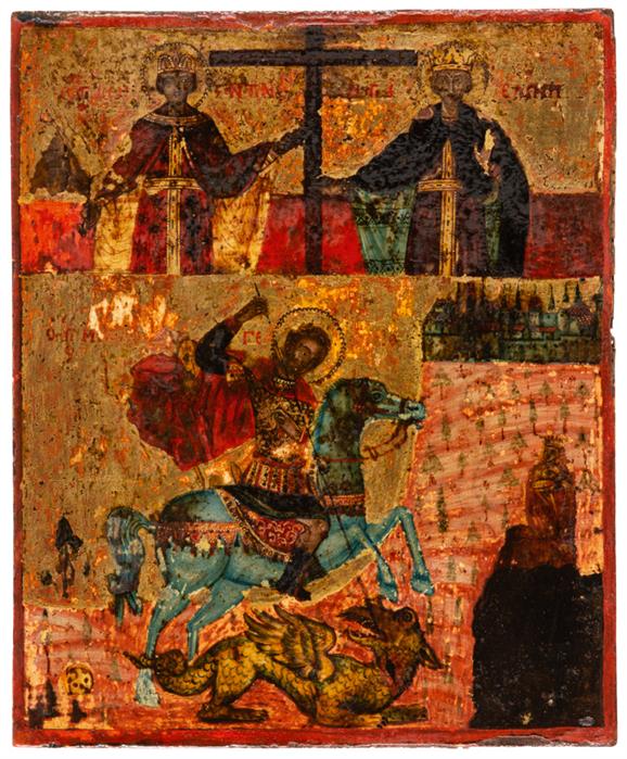 GREEK ICON SHOWING ST. GEORGE, ST. CONSTANTIN AND ST. HELENA