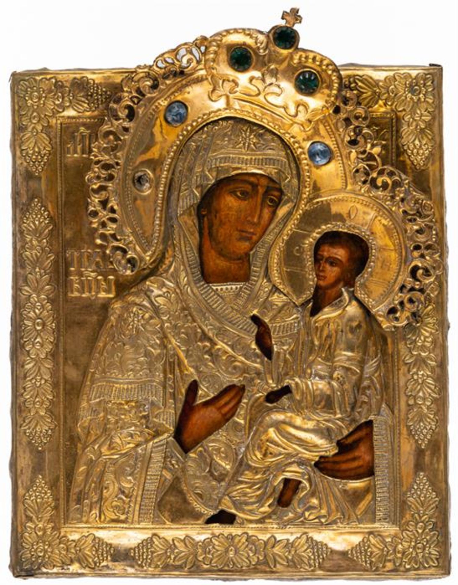 RUSSIAN BRASS OKLAD ICON SHOWING THE MOTHER OF GOD TICHVINSKAYA
