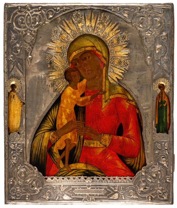 LARGE RUSSIAN SILVERED OKLAD ICON SHOWING THE MOTHER OF GOD 'SEEKER OF THE LOST'