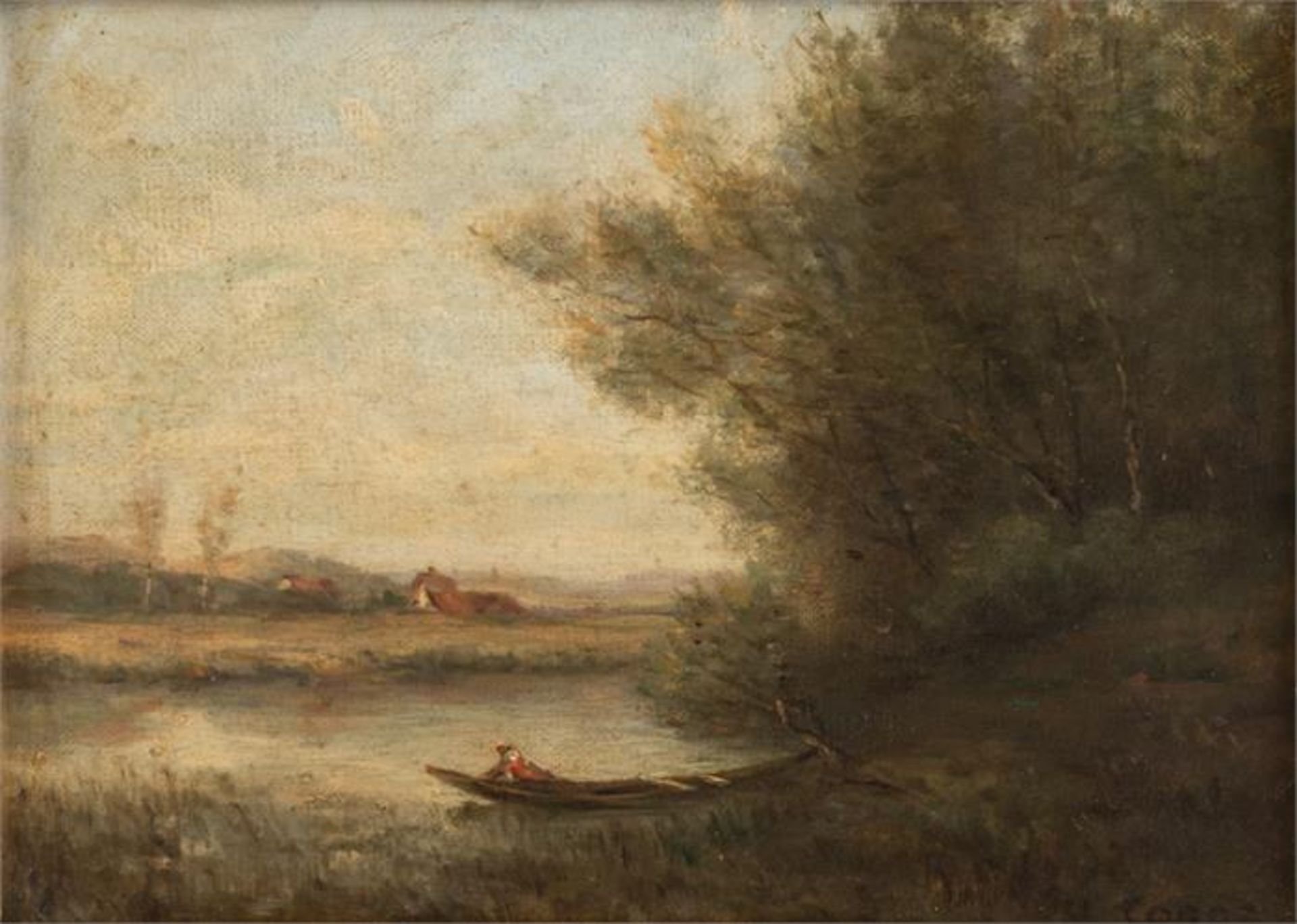 Camille Jean-Baptiste COROT (1796-1875), nach, Landschaft mit Boot am Fluss, Öl auf Leinwand, signie