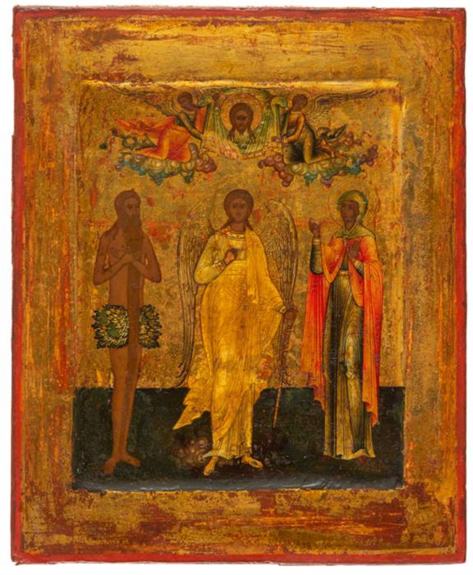 RUSSIAN MINIATURE ICON SHOWING ST. PETE THE ATHONITE, ST. GUARDIAN ANGEL AND ST. TATIANA