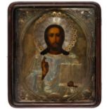 CHRISTUS PANTOKRATOR, russische Ikone mit Silberoklad, Moskau 1885