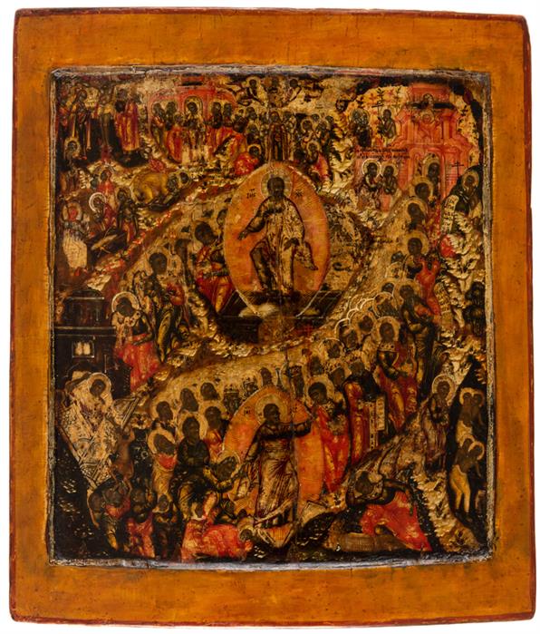 FINELY PAINTED RUSSIAN EASTER ICON SHOWING THE DESCENT OF CHRIST INTO HADES AND THE RESURRECTION