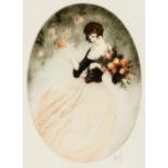UNBEKANNTER KÜNSTLER, Elegante Damen mit Blumen, Farblithographie auf Papier, unleserlich signiert