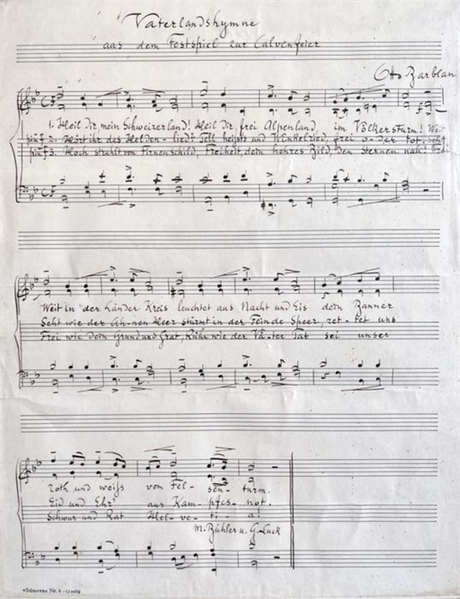 SHEET MUSIC BY SWISS COMPOSER OTTO BARBLAN (1860-1943) WITH THE FATHERLAND HYMN