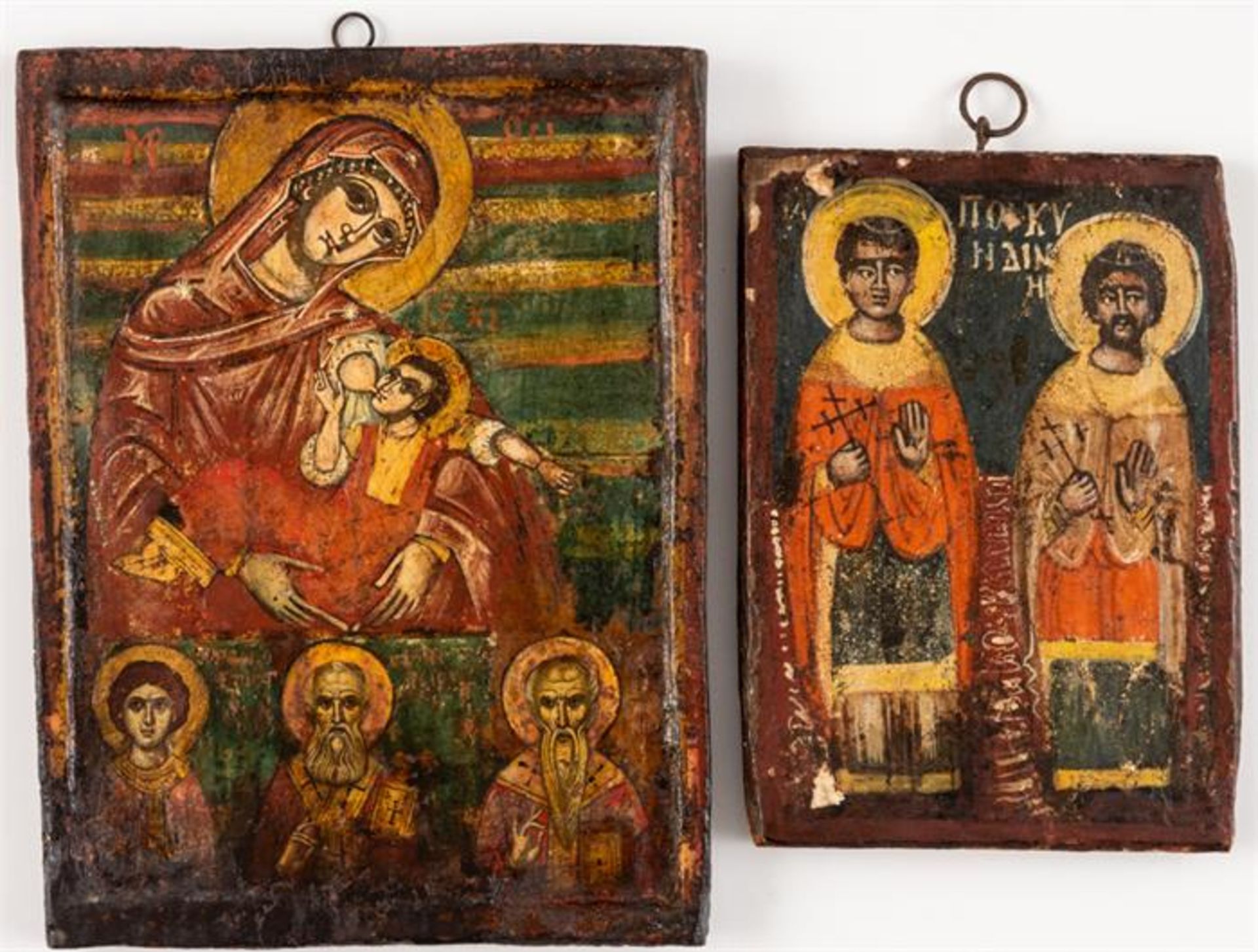 2 GREEK ICONS SHOWING THE MOTHER OF GOD GALAKTROPHOUSA AND SAINTS