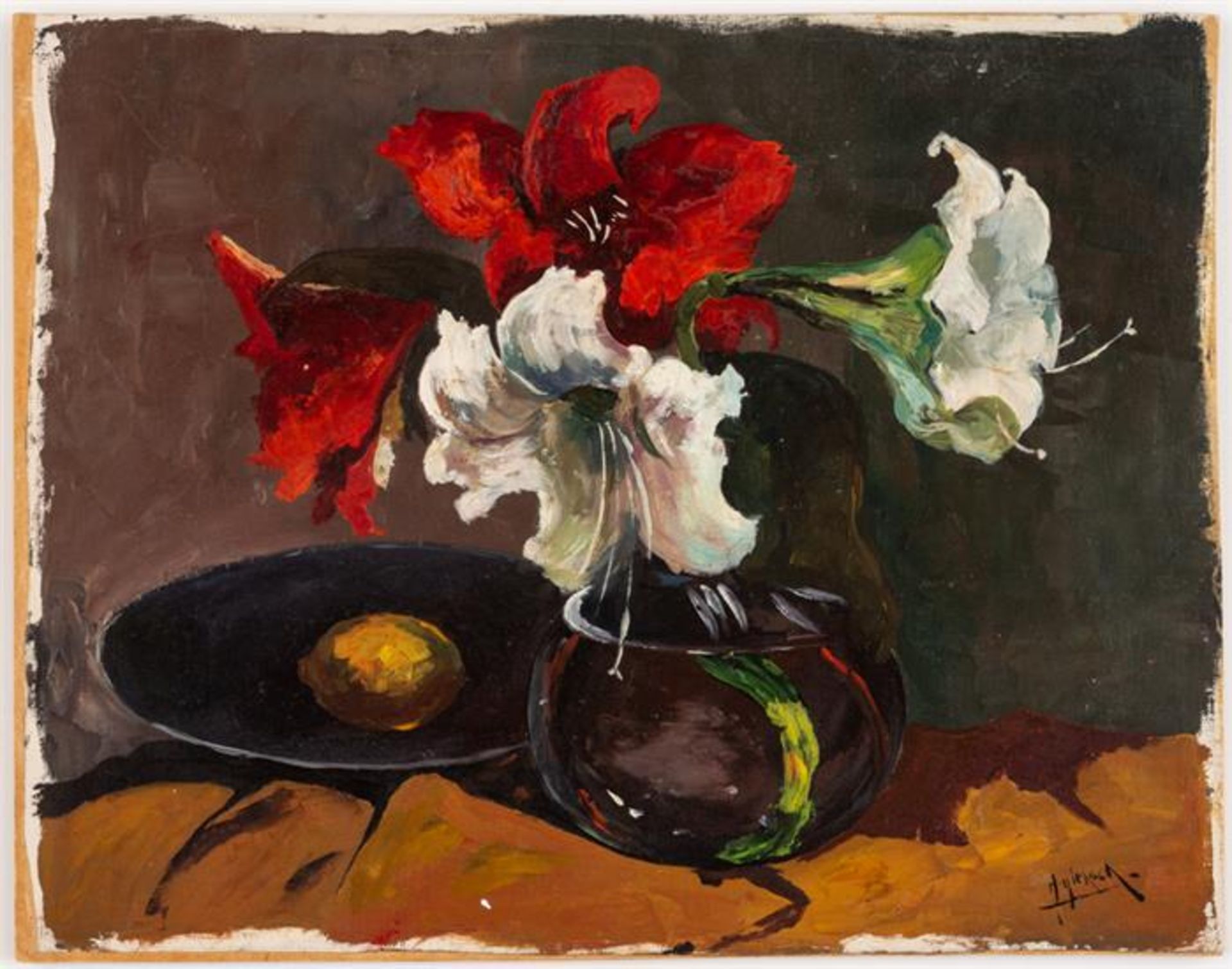 Herman HIENSCH (1912-1968), Stillleben mit Blumen, Öl auf Hartfaserplatte, signiert