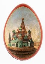 RUSSIAN LACQUER EASTER EGG SHOWING SAINTS BASIL'S CATHEDRAL AND THE RESURRECTION OF CHRIST