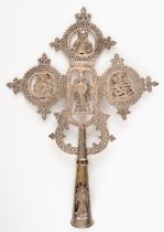VERY LARGE COPTIC PROCESSIONAL CROSS SHOWING CHRIST, THE MOTHER OF GOD, ST. GEORGE