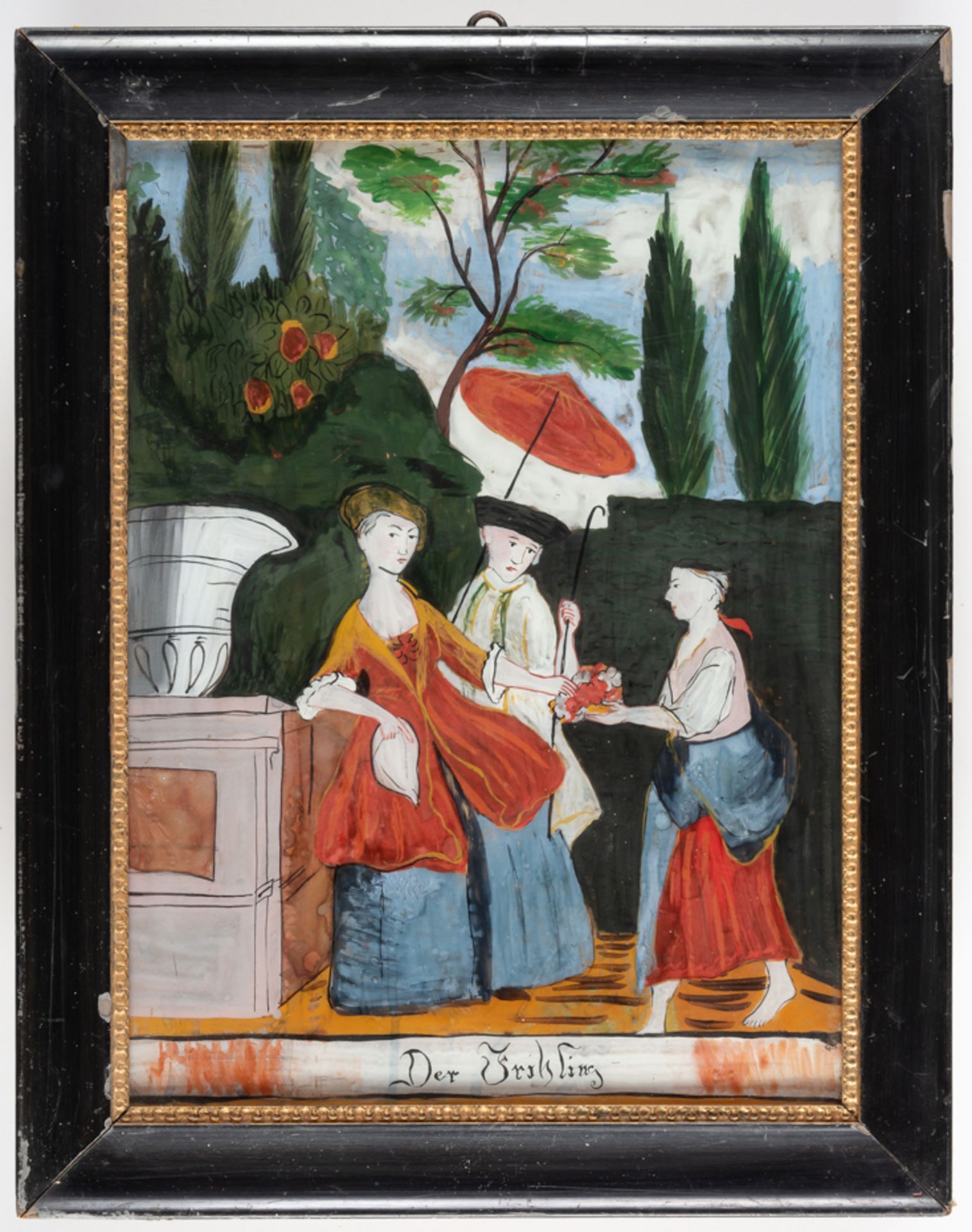 REVERSE GLASS PAINTING SHOWING AN ALLEGORY OF SPRING