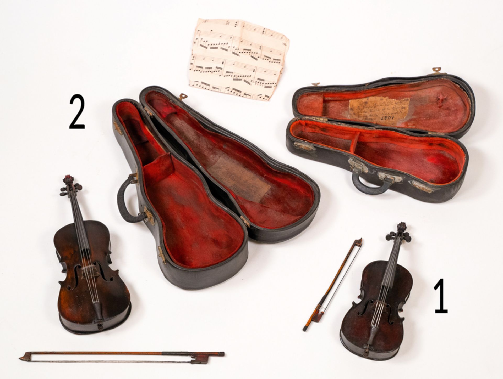 MINIATURE CELLO AND MINIATURE DOUBLE BASS, MATCHING CASES AND BOWS