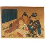 JAPANESE COLORED WOODCUT ON SILK SHOWING AN EROTIC SCENE