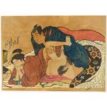 JAPANESE COLORED WOODCUT ON SILK SHOWING AN EROTIC SCENE