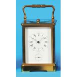 Travel clock with half hour strike and alarm clock on tone spring, all around glazed case with carry