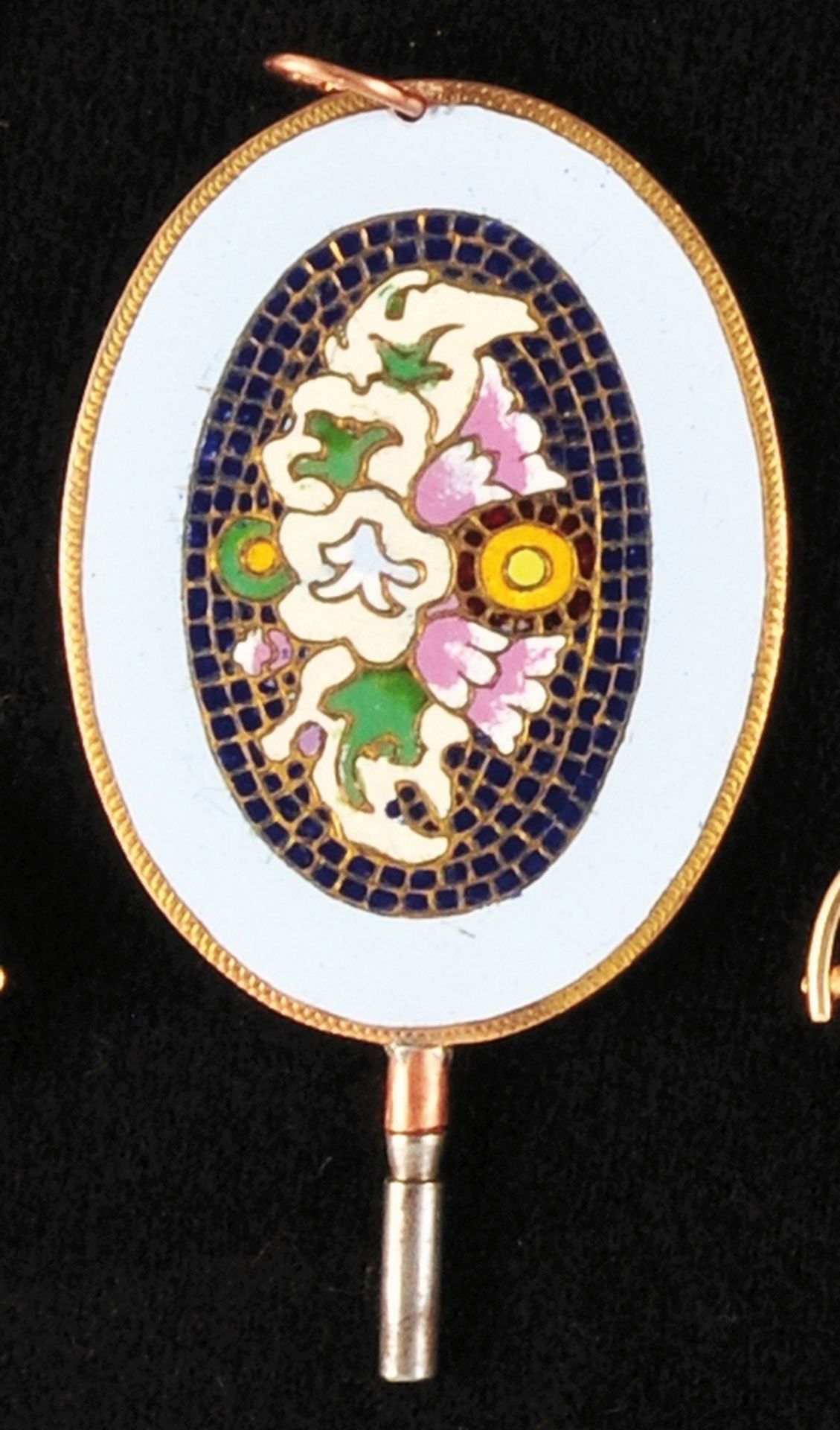 Pocket watch key, oval, multicolored floral enamel center in mosaic style surrounded by light blue e