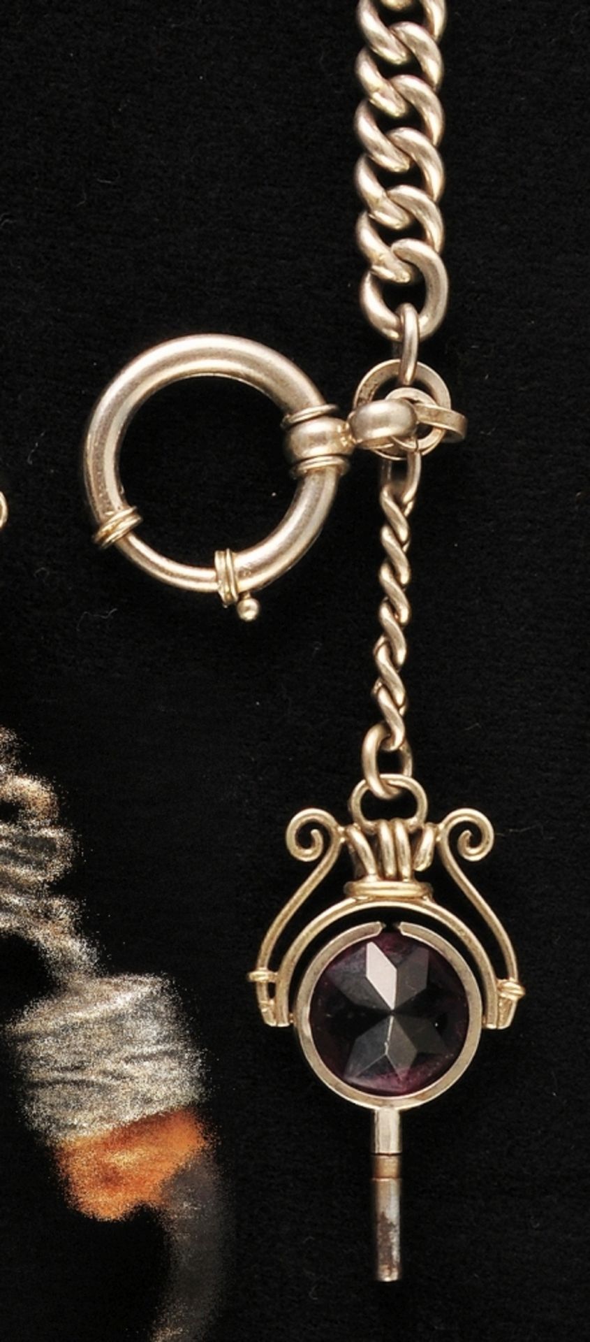 Silver pocket watch chain, armor links, gradient, with pocket watch key with amethyst