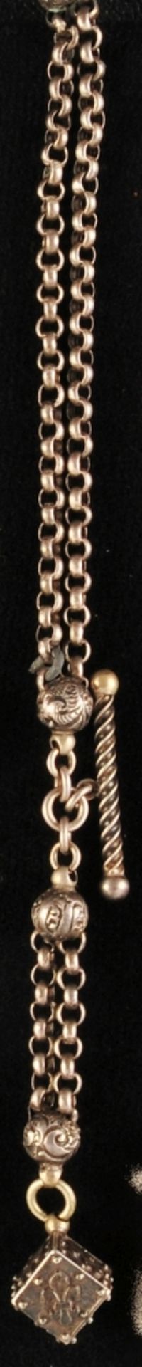 Silver pocket watch chain, 2-row, with decorated pendant in the shape of a cube