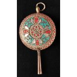 Silver plated grandfather clock winding key with multicolor mosaic, square = 4.75 mm