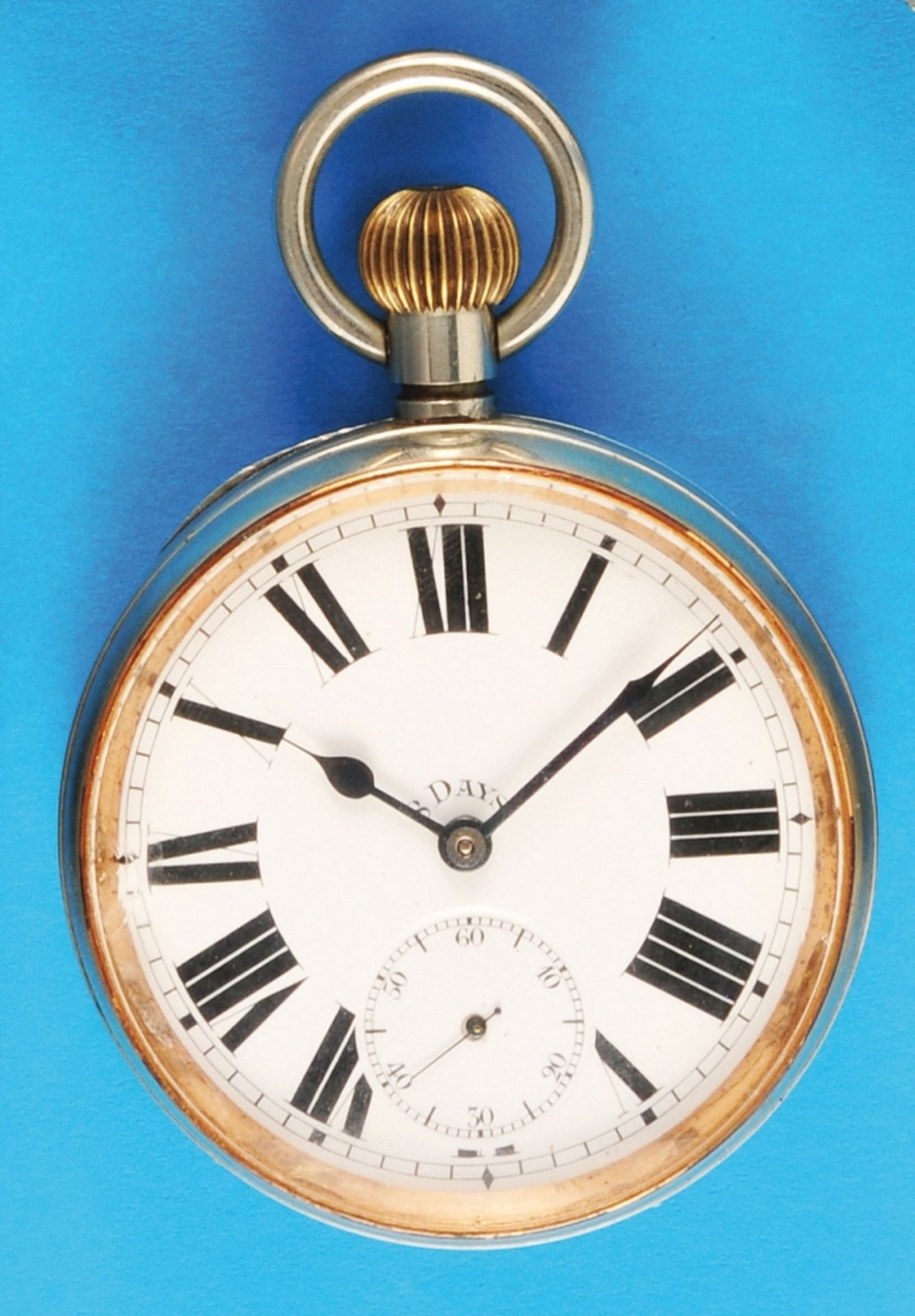 Large nickel silver pocket watch with 8-day movement, smooth case, enamel dial with Roman numerals, 